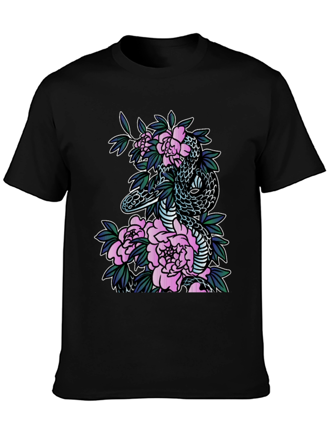 Snake & Floral Print Black T-Shirt