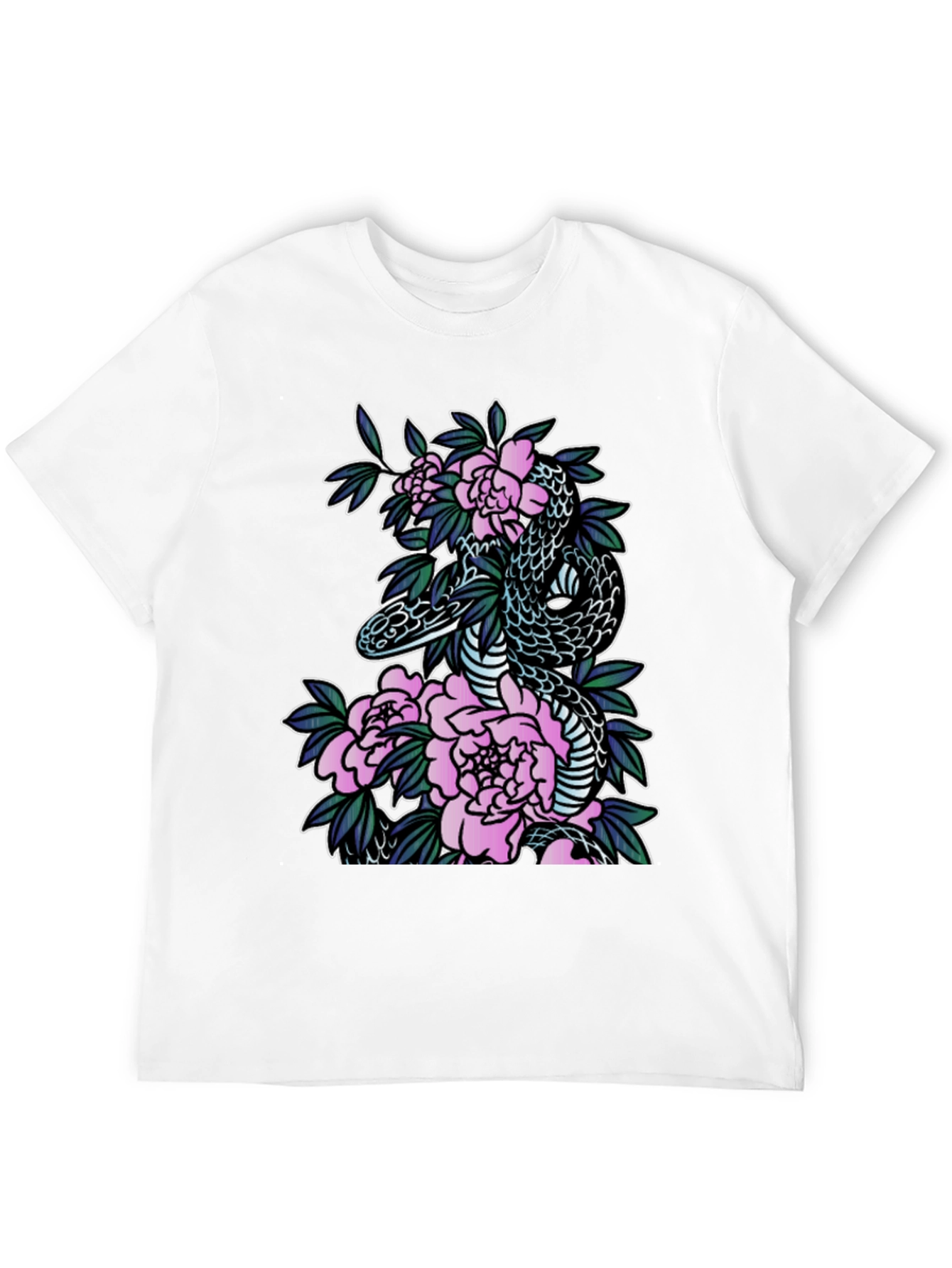 Snake & Floral Print Black T-Shirt