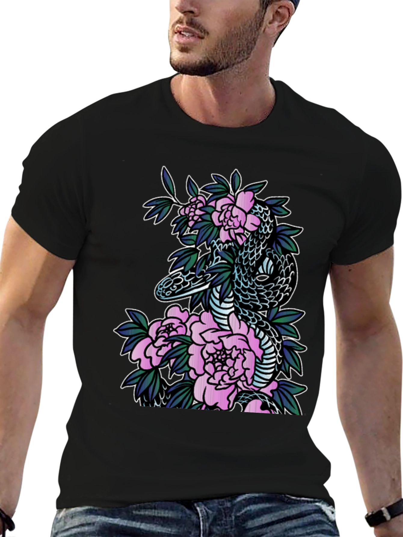 Snake & Floral Print Black T-Shirt