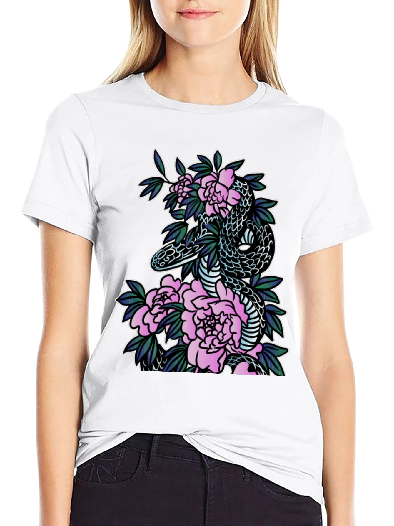 Snake & Floral Print Black T-Shirt