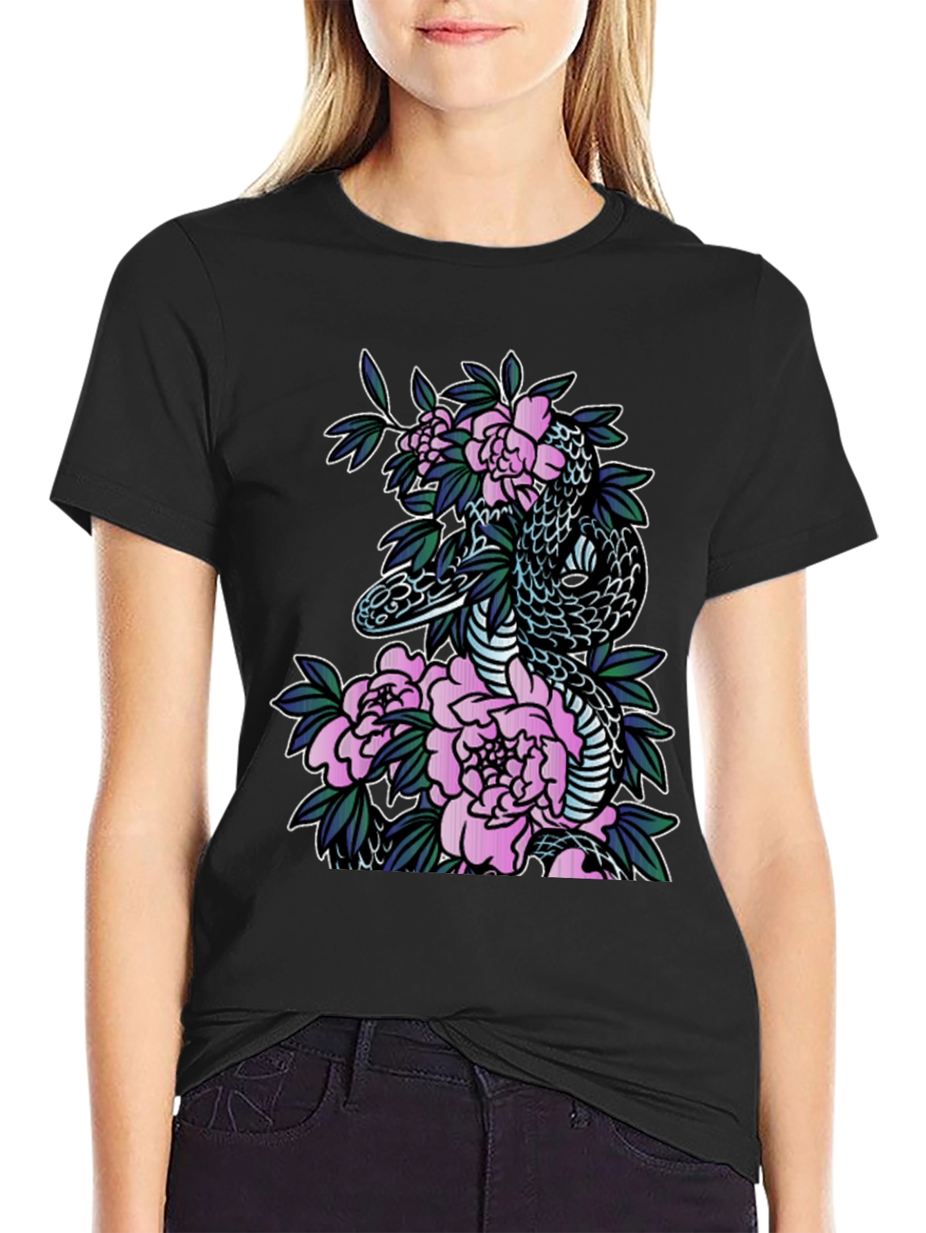 Snake & Floral Print Black T-Shirt