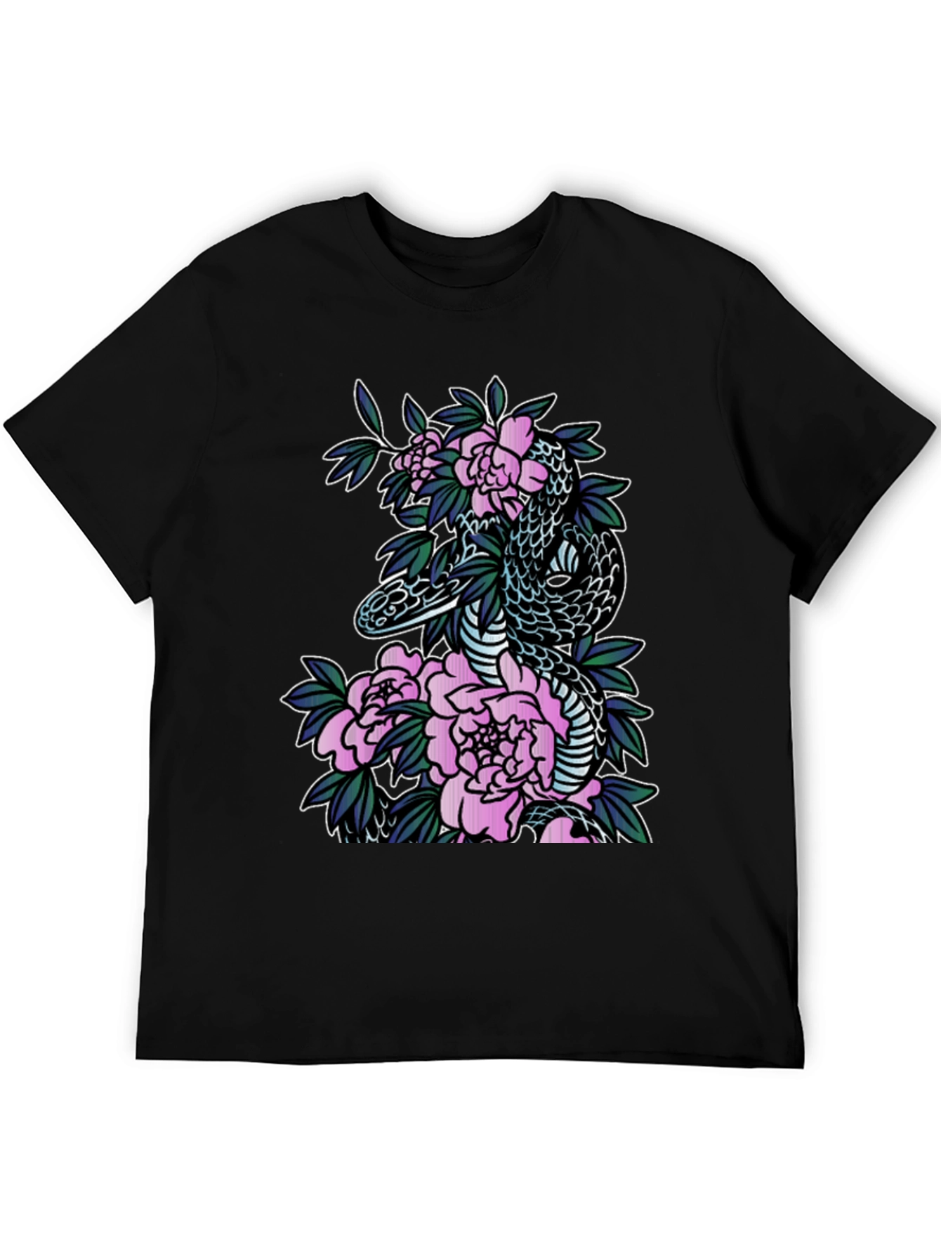Snake & Floral Print Black T-Shirt