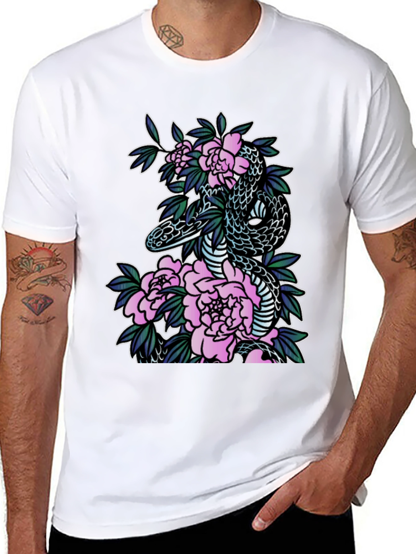 Snake & Floral Print Black T-Shirt