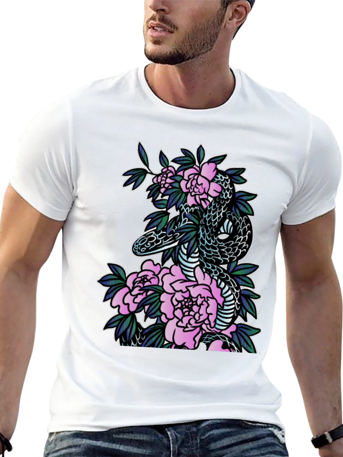 Snake & Floral Print Black T-Shirt