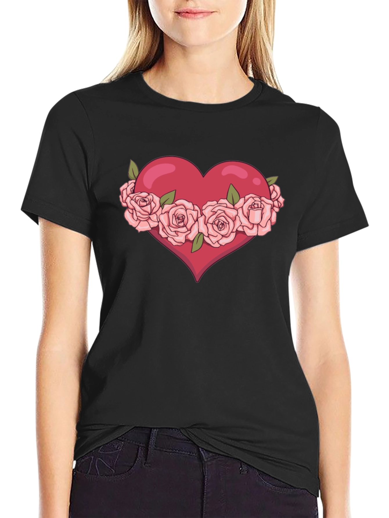 Heart with Roses Graphic Black T-Shirt