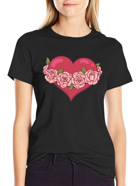 Heart with Roses Graphic Black T-Shirt