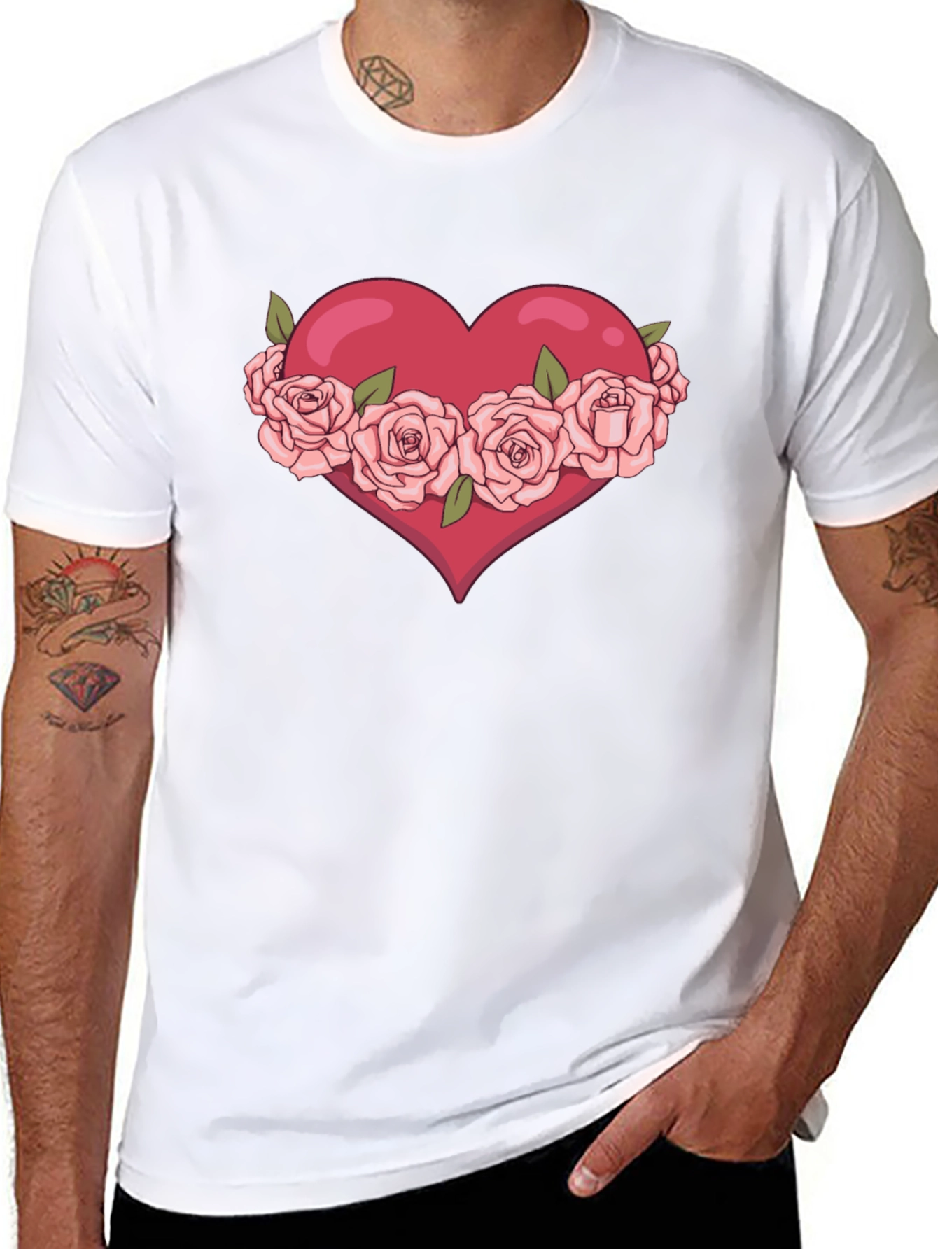 Heart with Roses Graphic Black T-Shirt