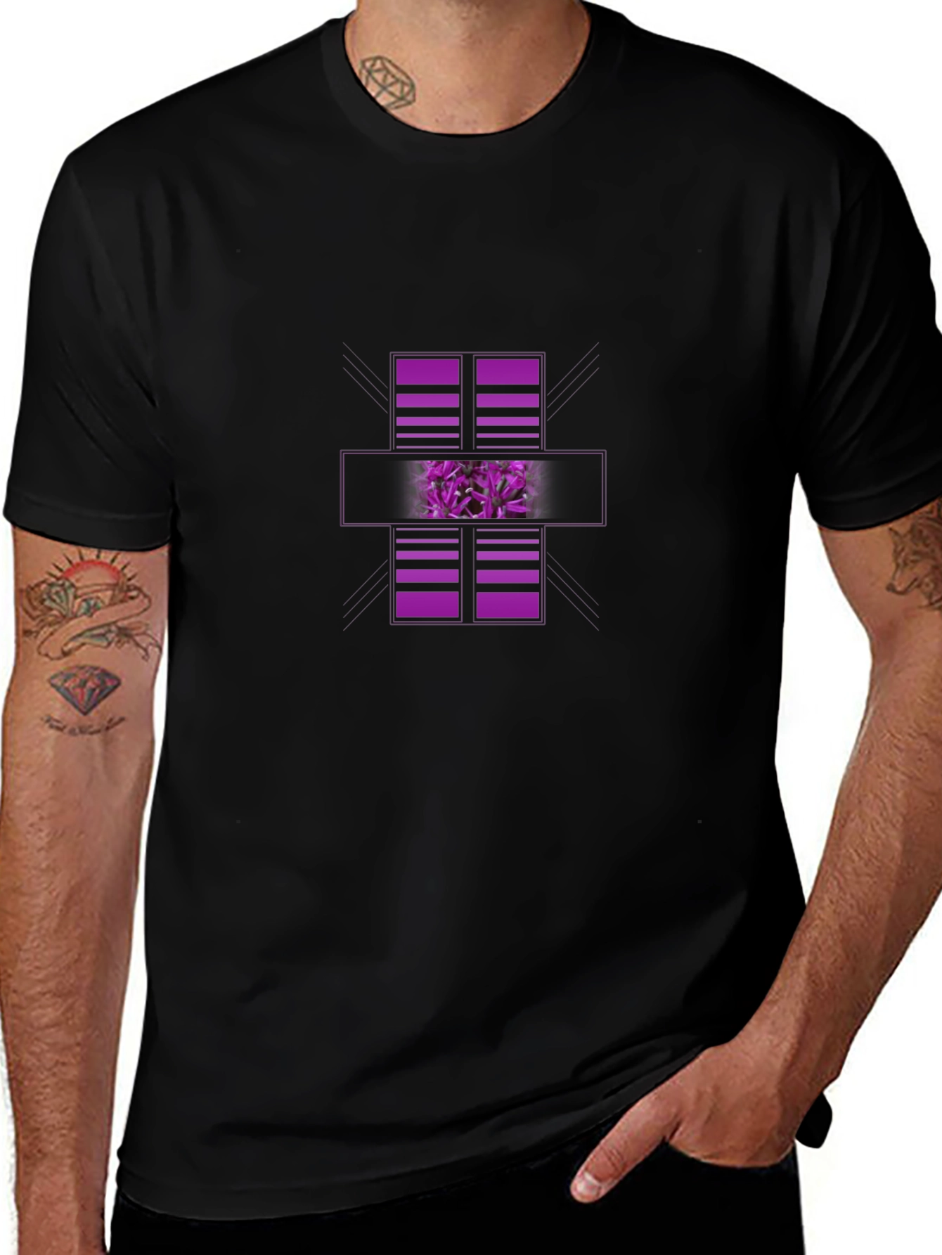 Modern Graphic Black T-Shirt with Purple Abstract Design