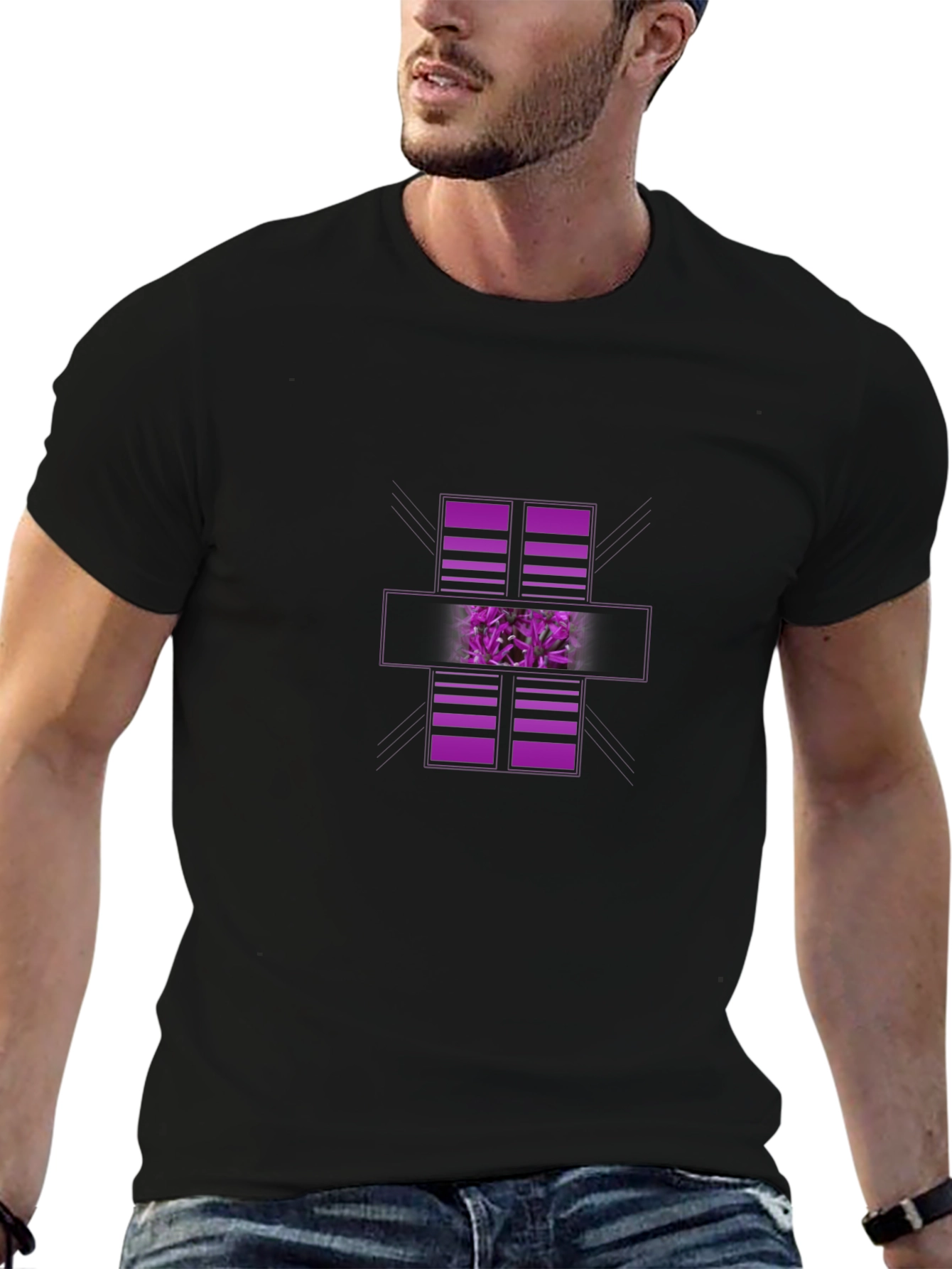 Modern Graphic Black T-Shirt with Purple Abstract Design