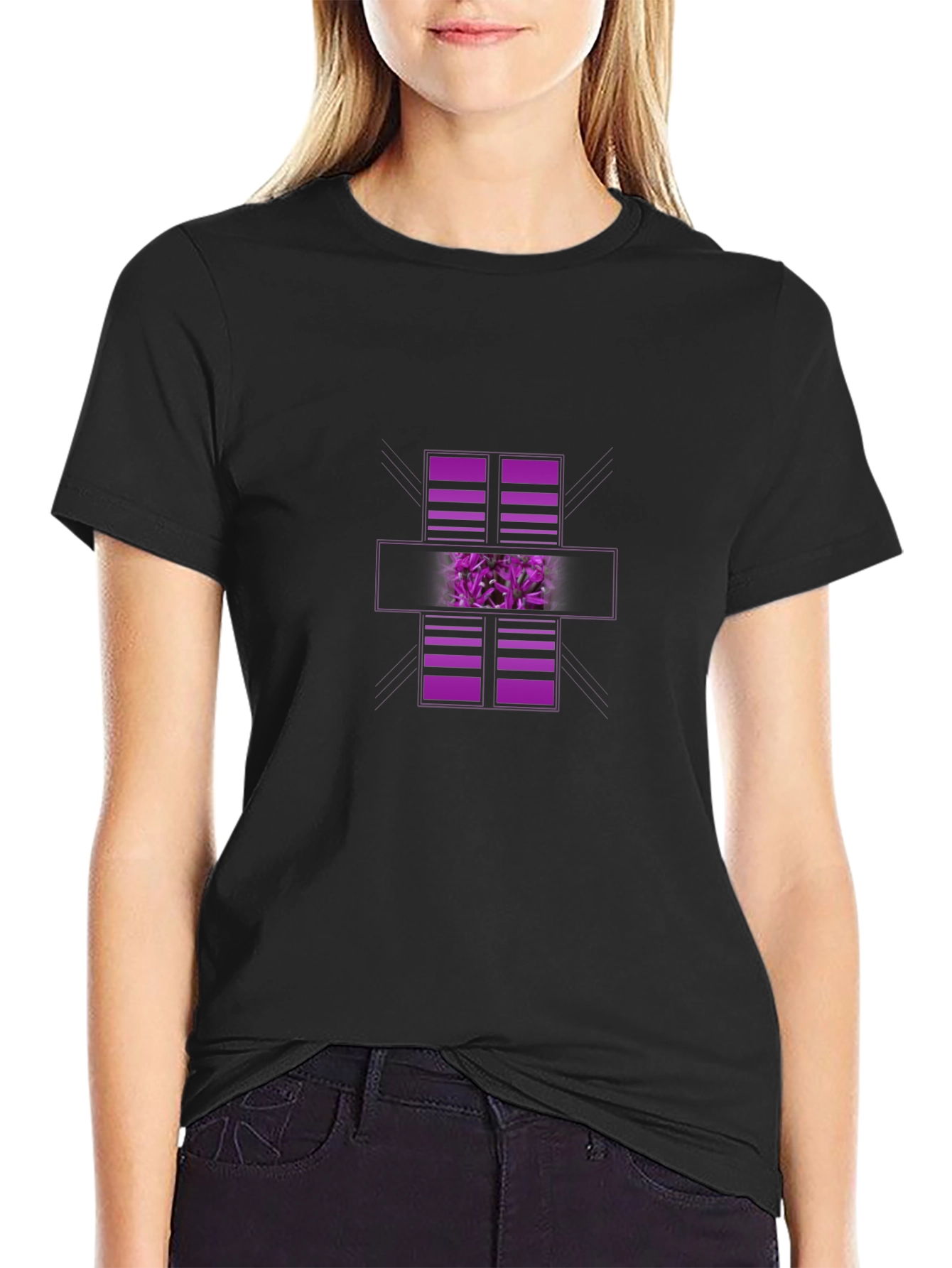 Modern Graphic Black T-Shirt with Purple Abstract Design