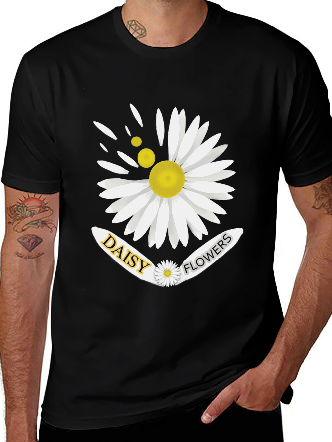 Daisy Flowers Graphic Print Mens Black T-Shirt