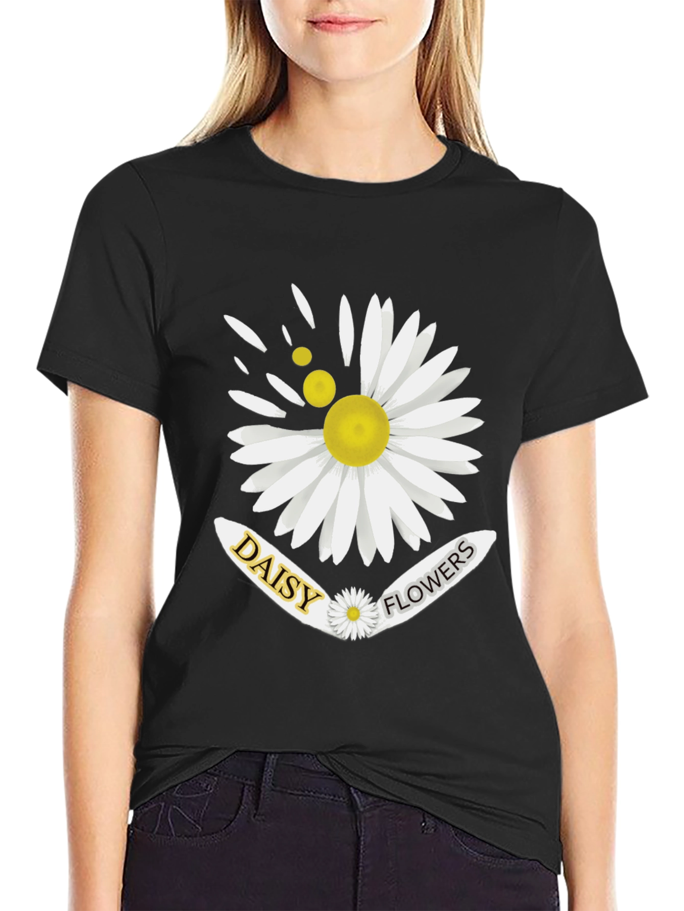 Daisy Flowers Graphic Print Mens Black T-Shirt