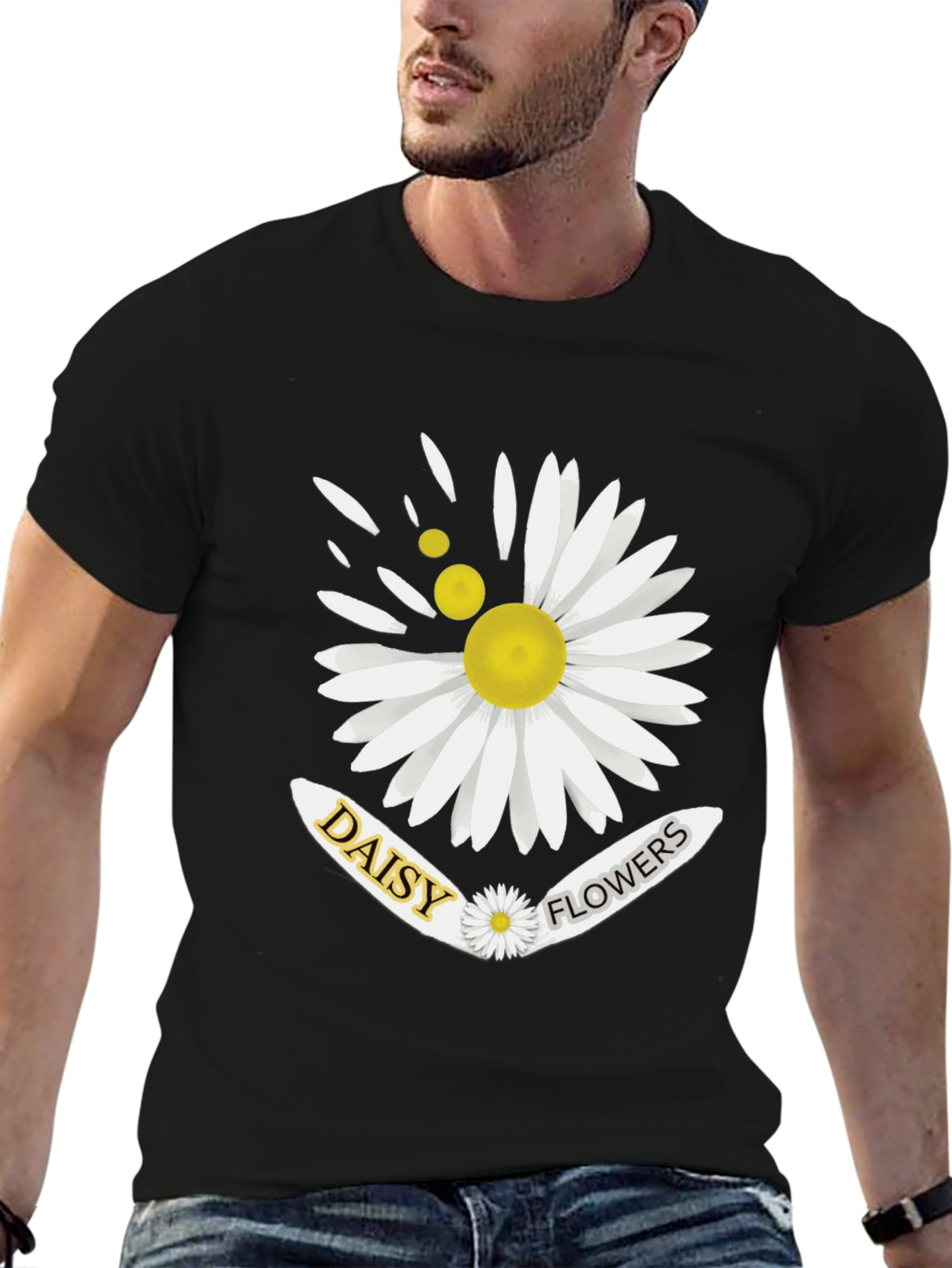 Daisy Flowers Graphic Print Mens Black T-Shirt