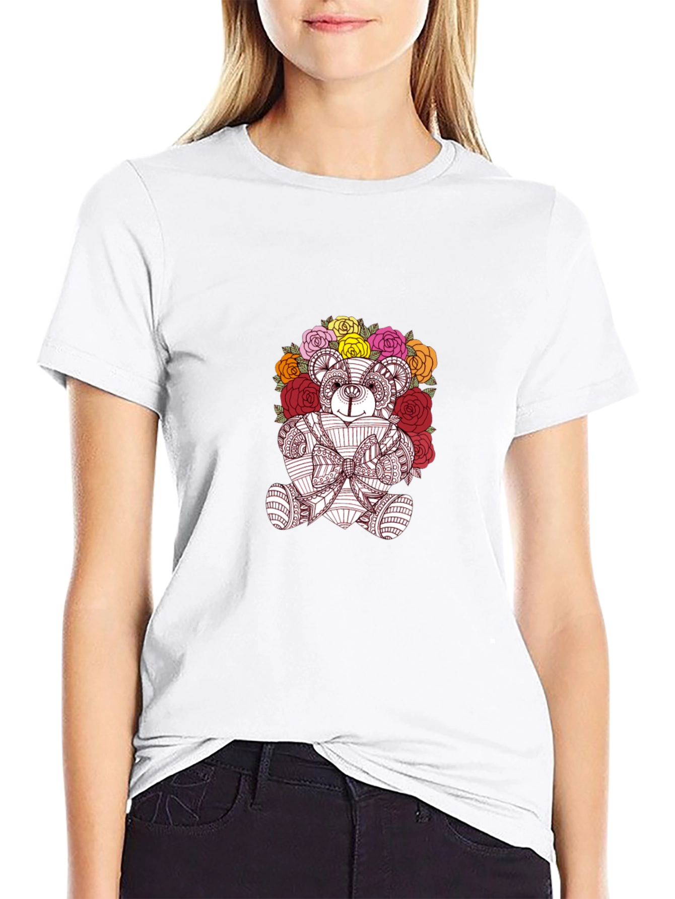 Floral Teddy Bear Graphic Black T-Shirt