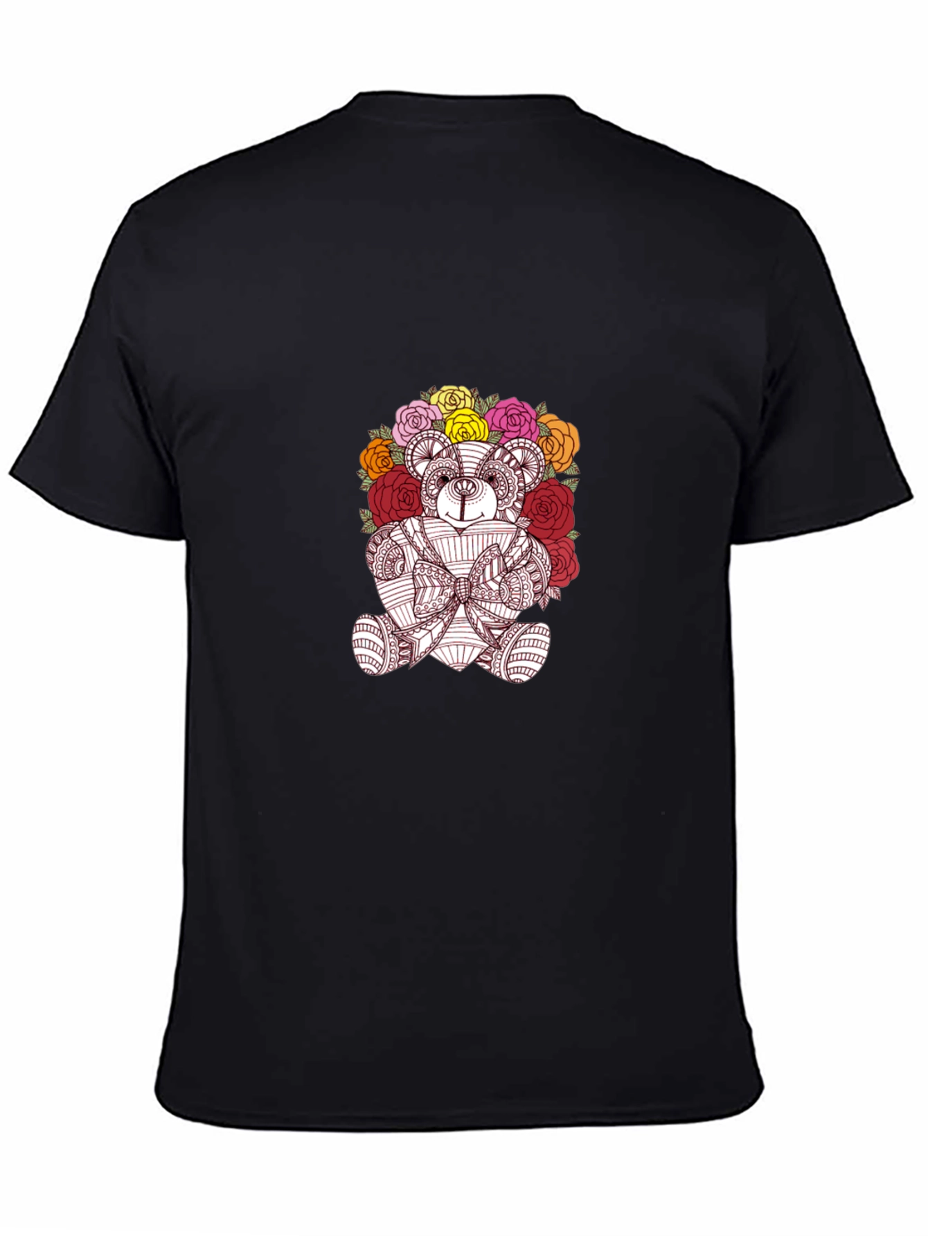 Floral Teddy Bear Graphic Black T-Shirt