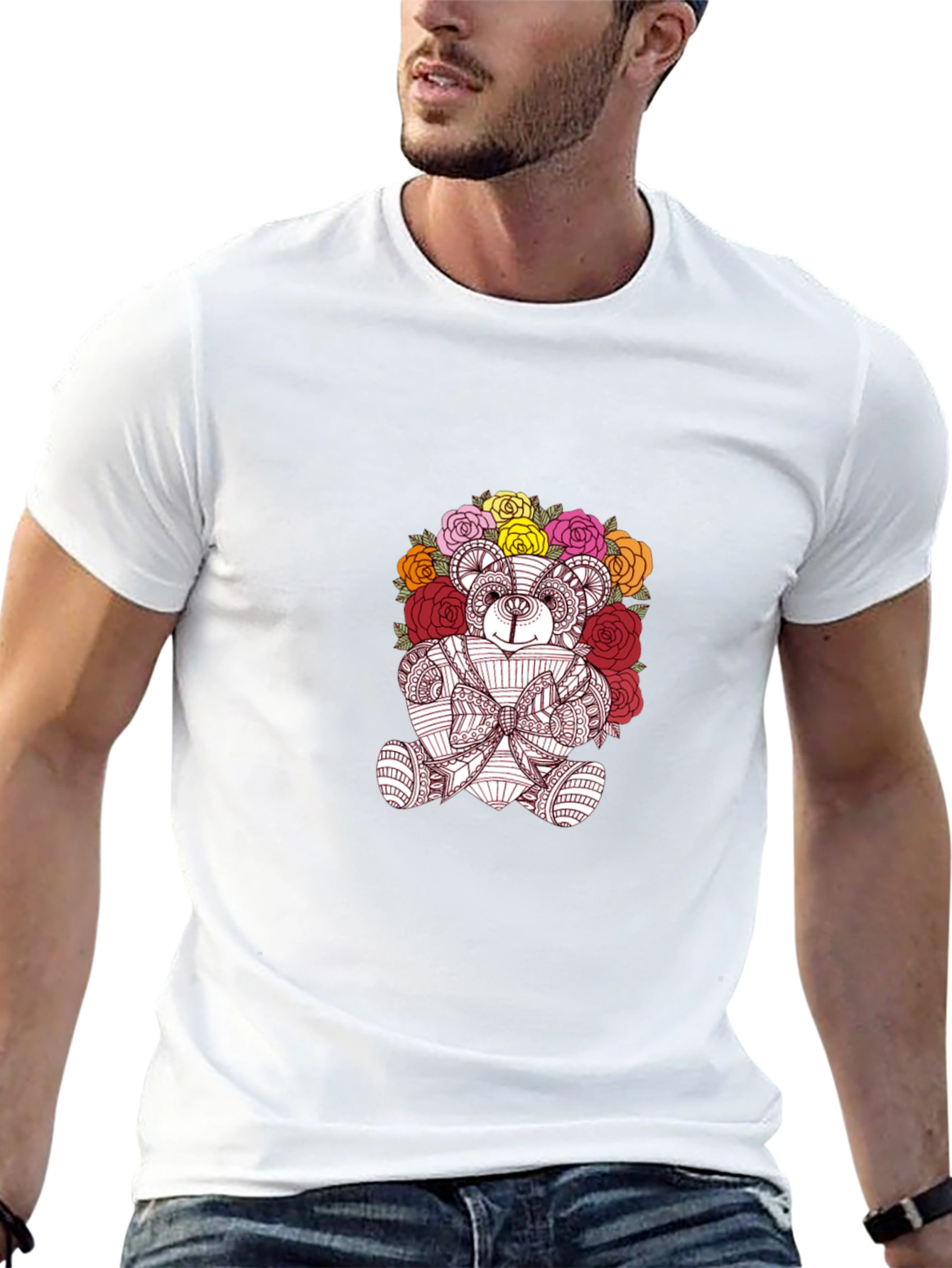 Floral Teddy Bear Graphic Black T-Shirt