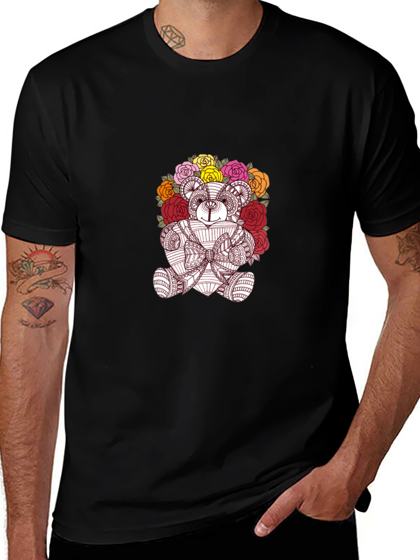 Floral Teddy Bear Graphic Black T-Shirt