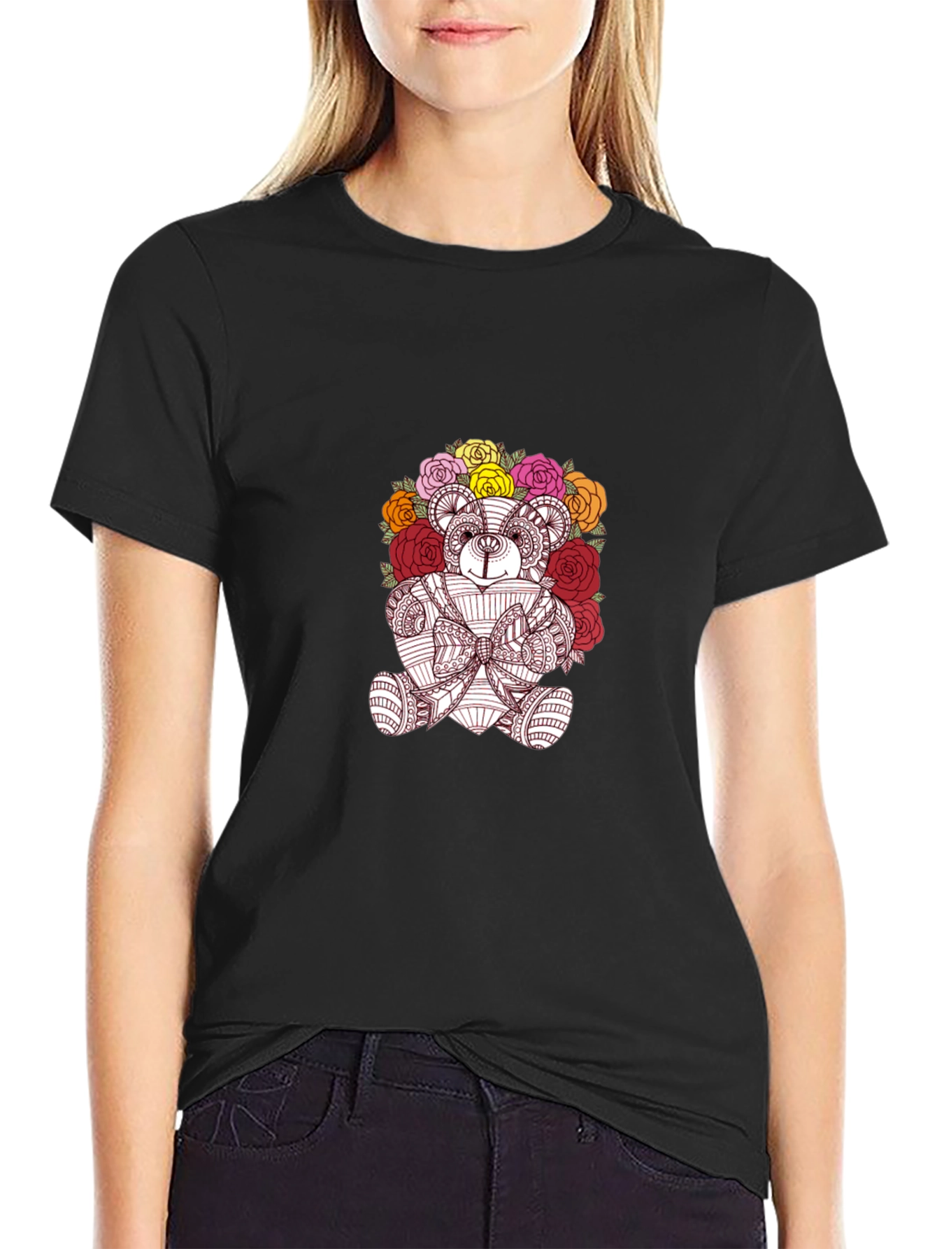 Floral Teddy Bear Graphic Black T-Shirt