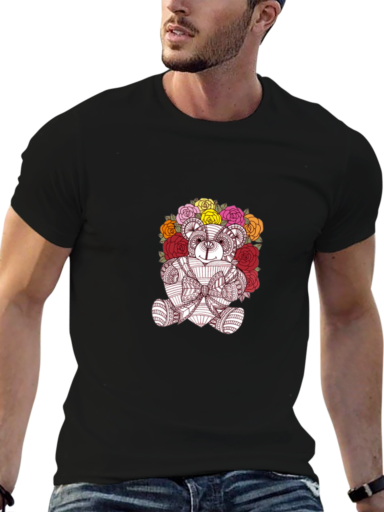 Floral Teddy Bear Graphic Black T-Shirt