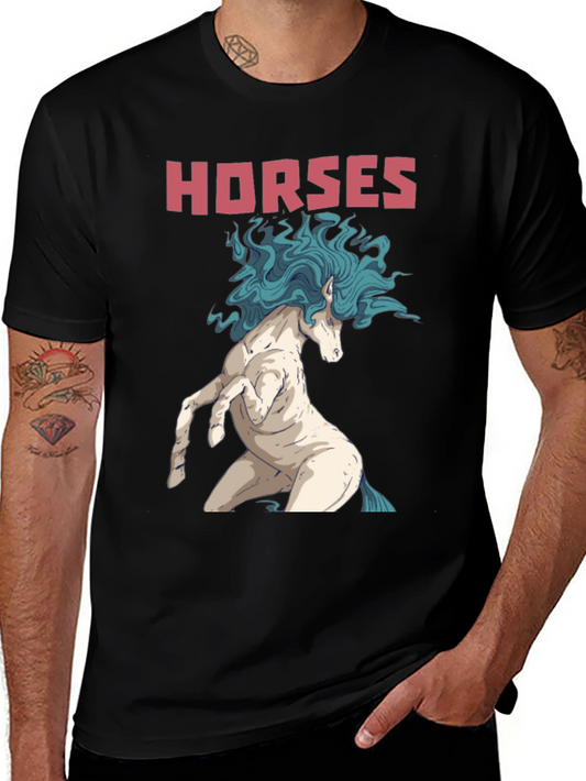 Horses Graphic Tee -  Unicorn Design - Black Cotton T-Shirt
