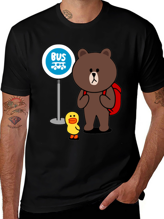 Cartoon Graphic Print T-Shirt: Bear & Duck Bus Stop Design