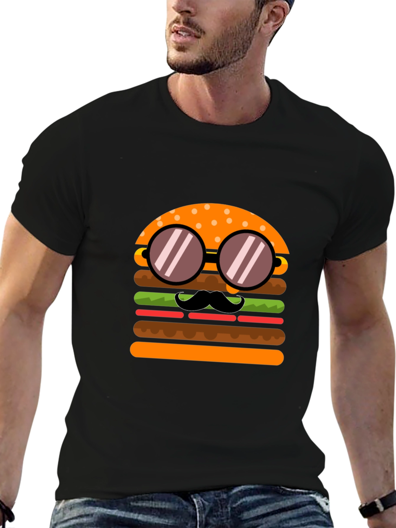 Burger with Mustache T-Shirt - Novelty Graphic Tee
