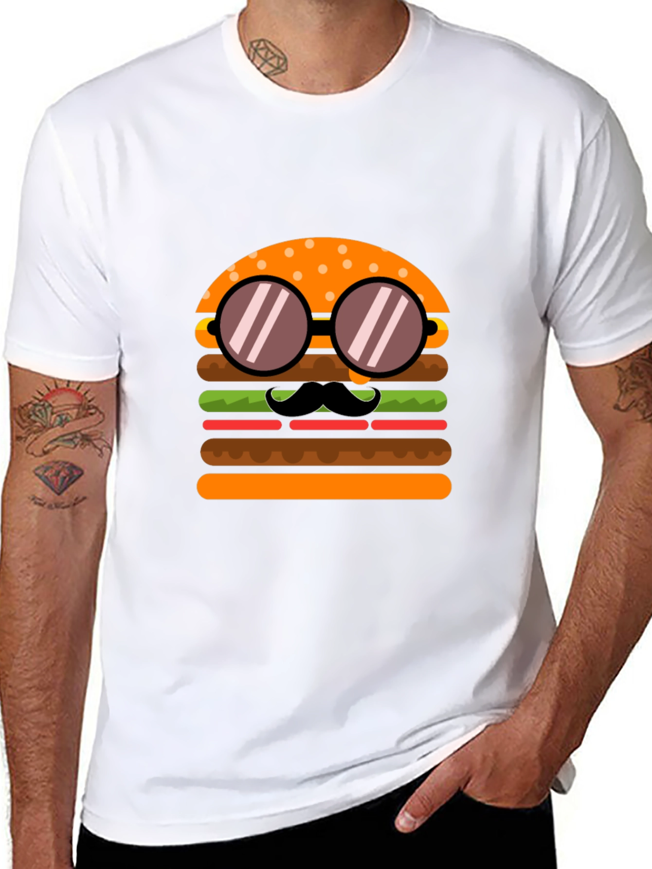 Burger with Mustache T-Shirt - Novelty Graphic Tee