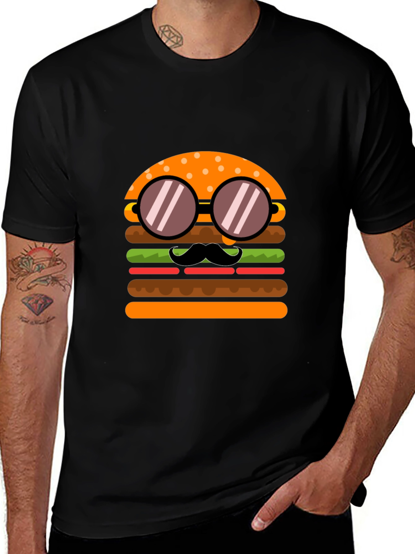 Burger with Mustache T-Shirt - Novelty Graphic Tee