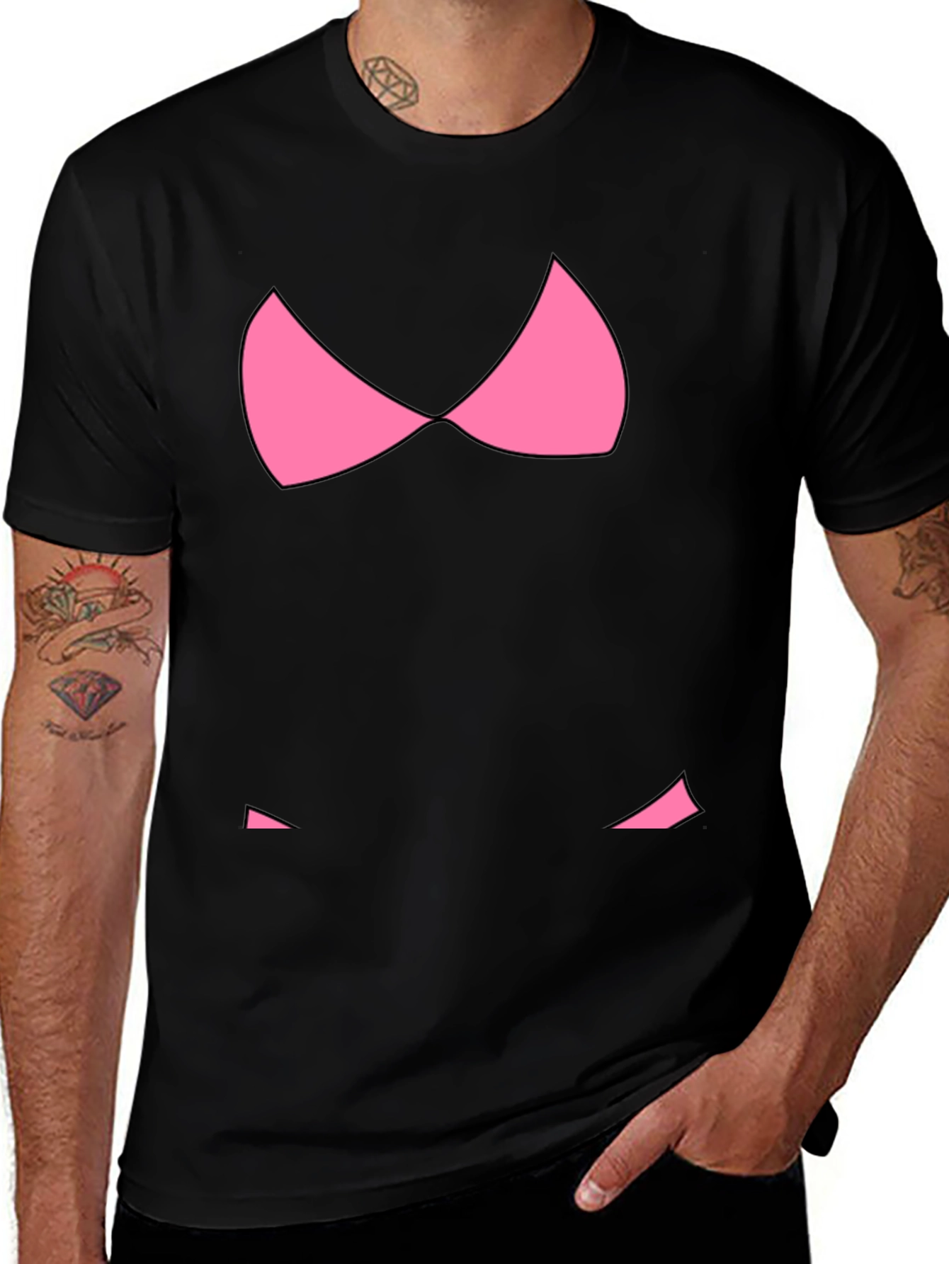 Funny Pink Bikini Top Graphic T-Shirt - Black