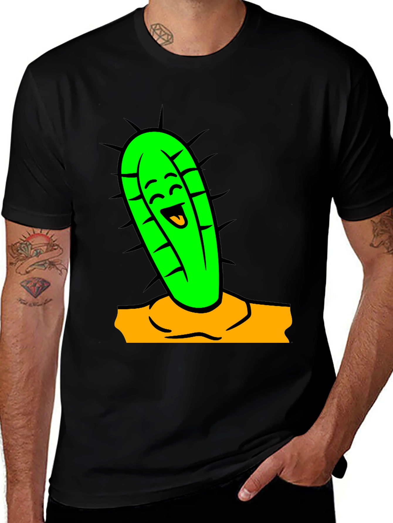 Funny Cactus Cartoon Graphic Tee - Black