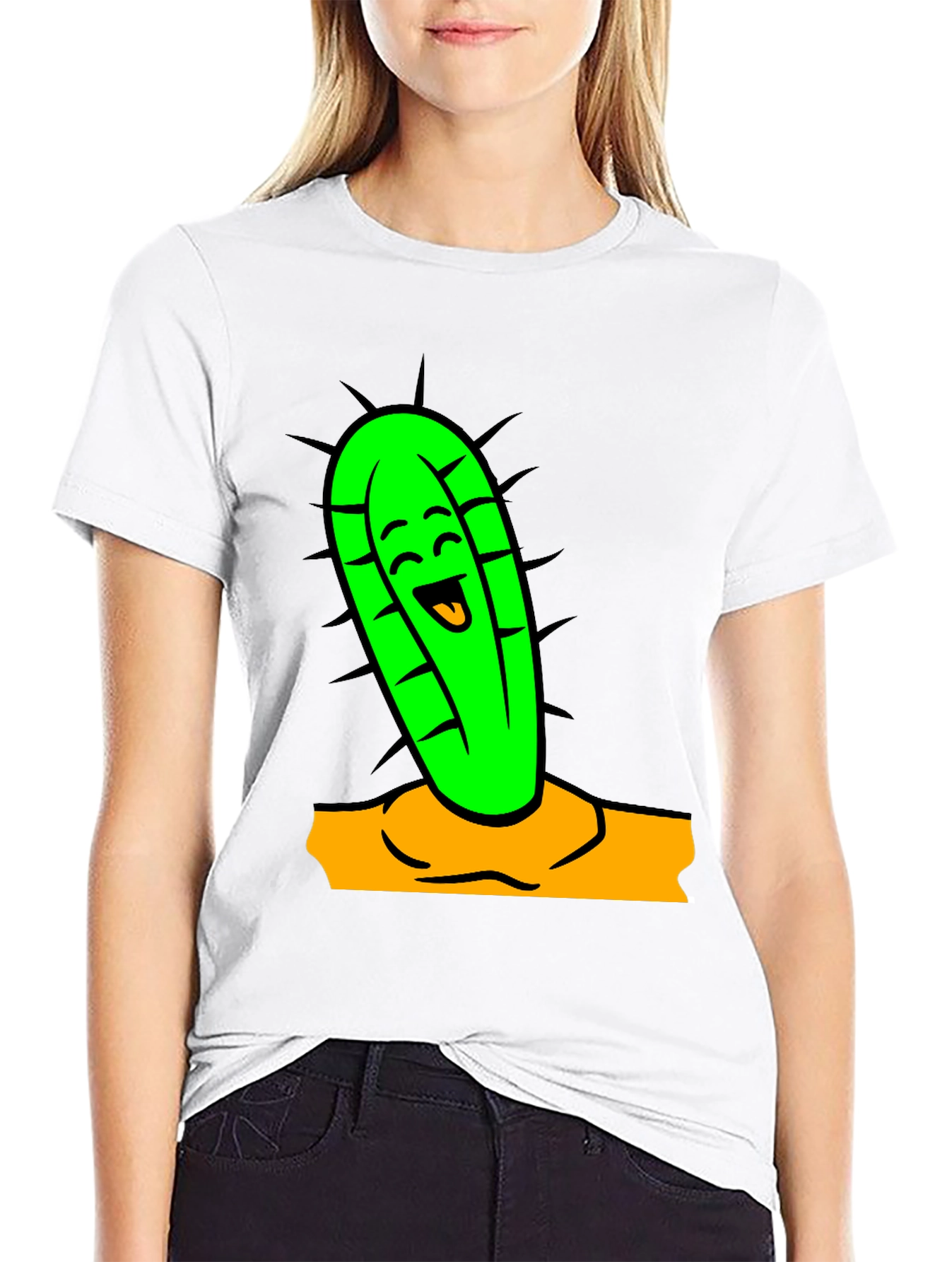 Funny Cactus Cartoon Graphic Tee - Black
