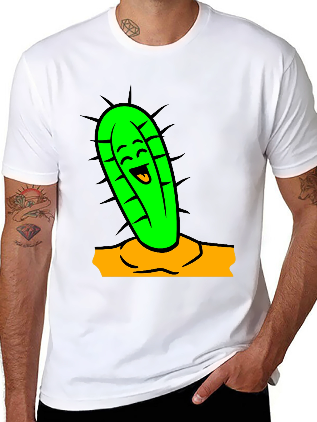 Funny Cactus Cartoon Graphic Tee - Black
