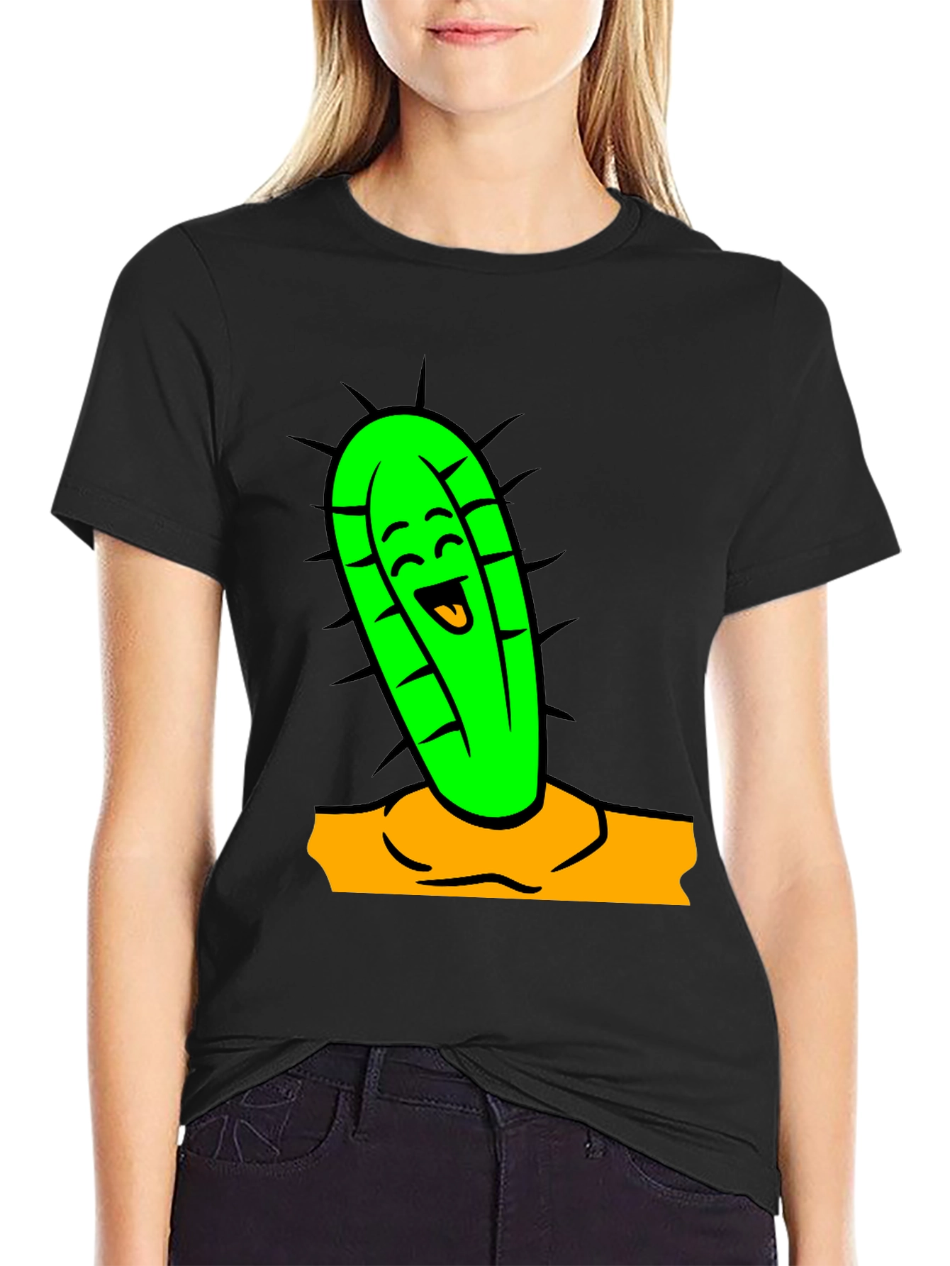 Funny Cactus Cartoon Graphic Tee - Black