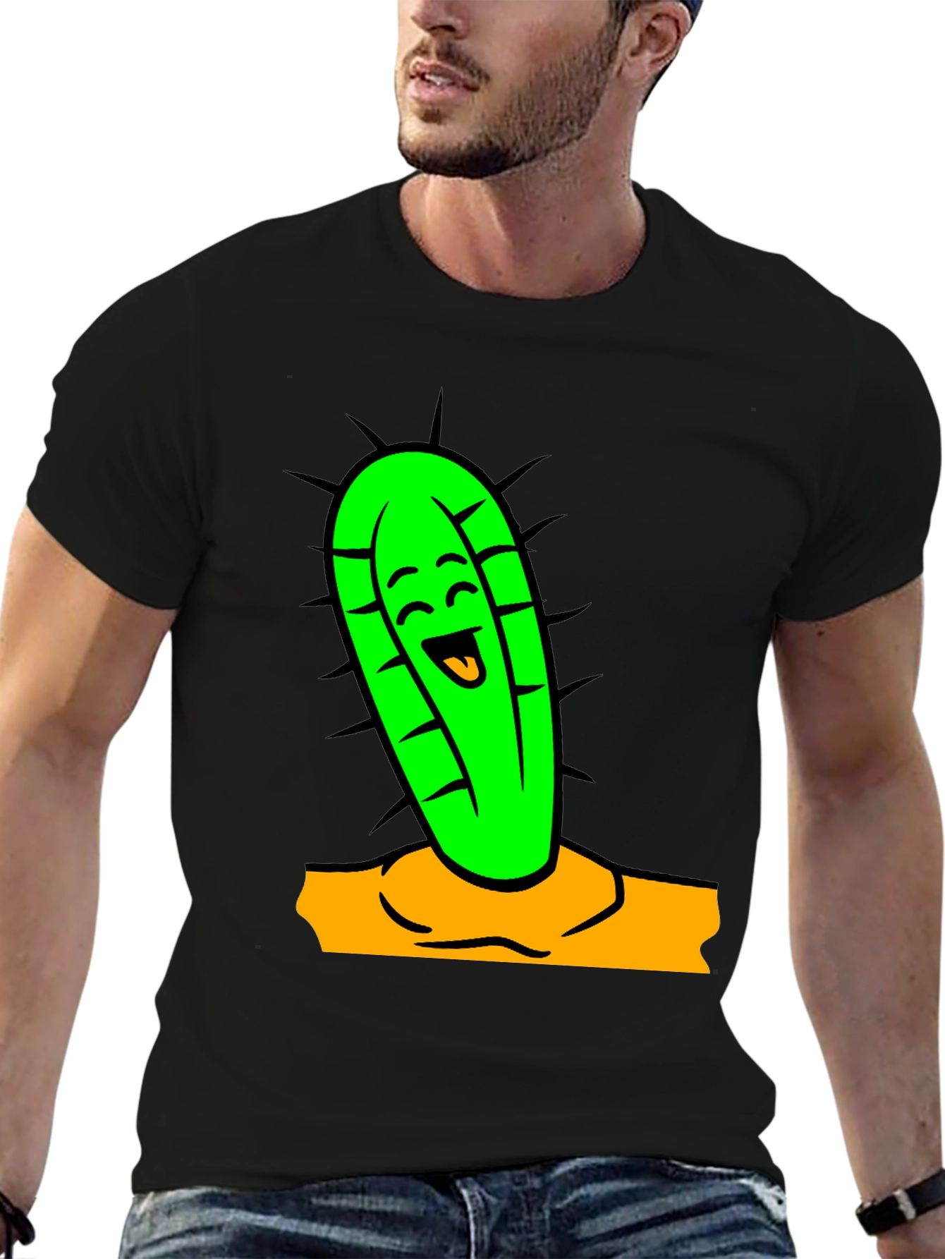 Funny Cactus Cartoon Graphic Tee - Black