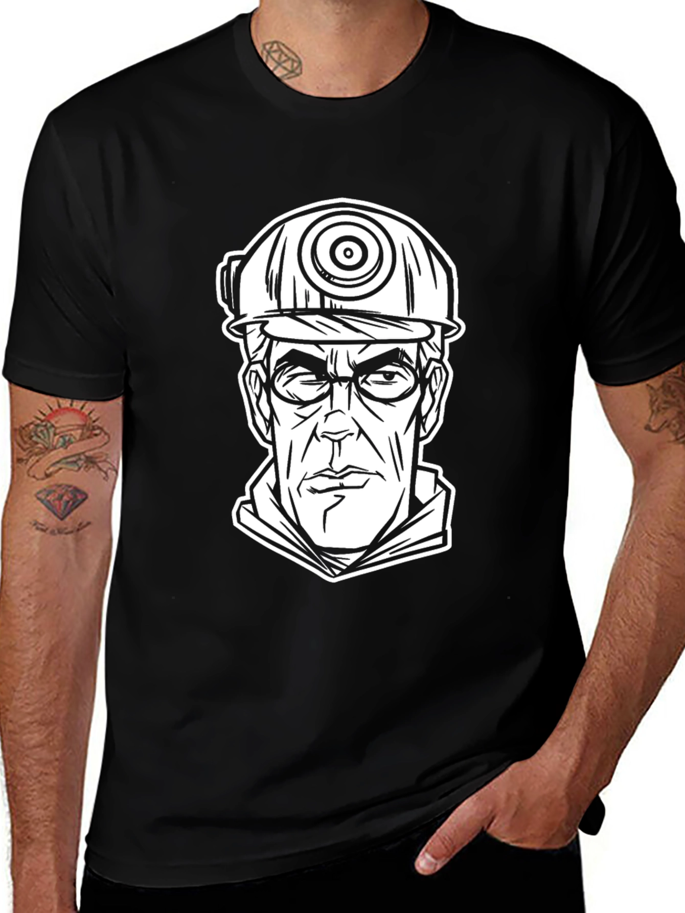 Cartoon Miner Graphic Tee - Black Cotton T-Shirt