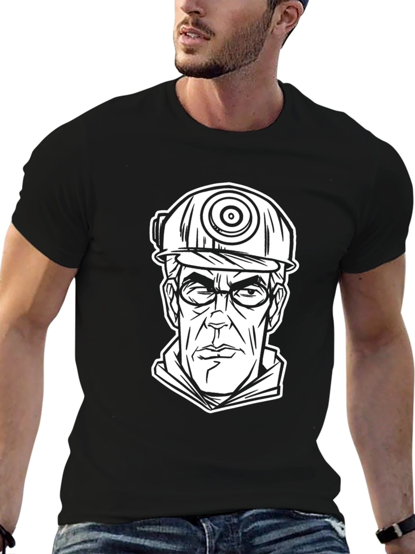 Cartoon Miner Graphic Tee - Black Cotton T-Shirt
