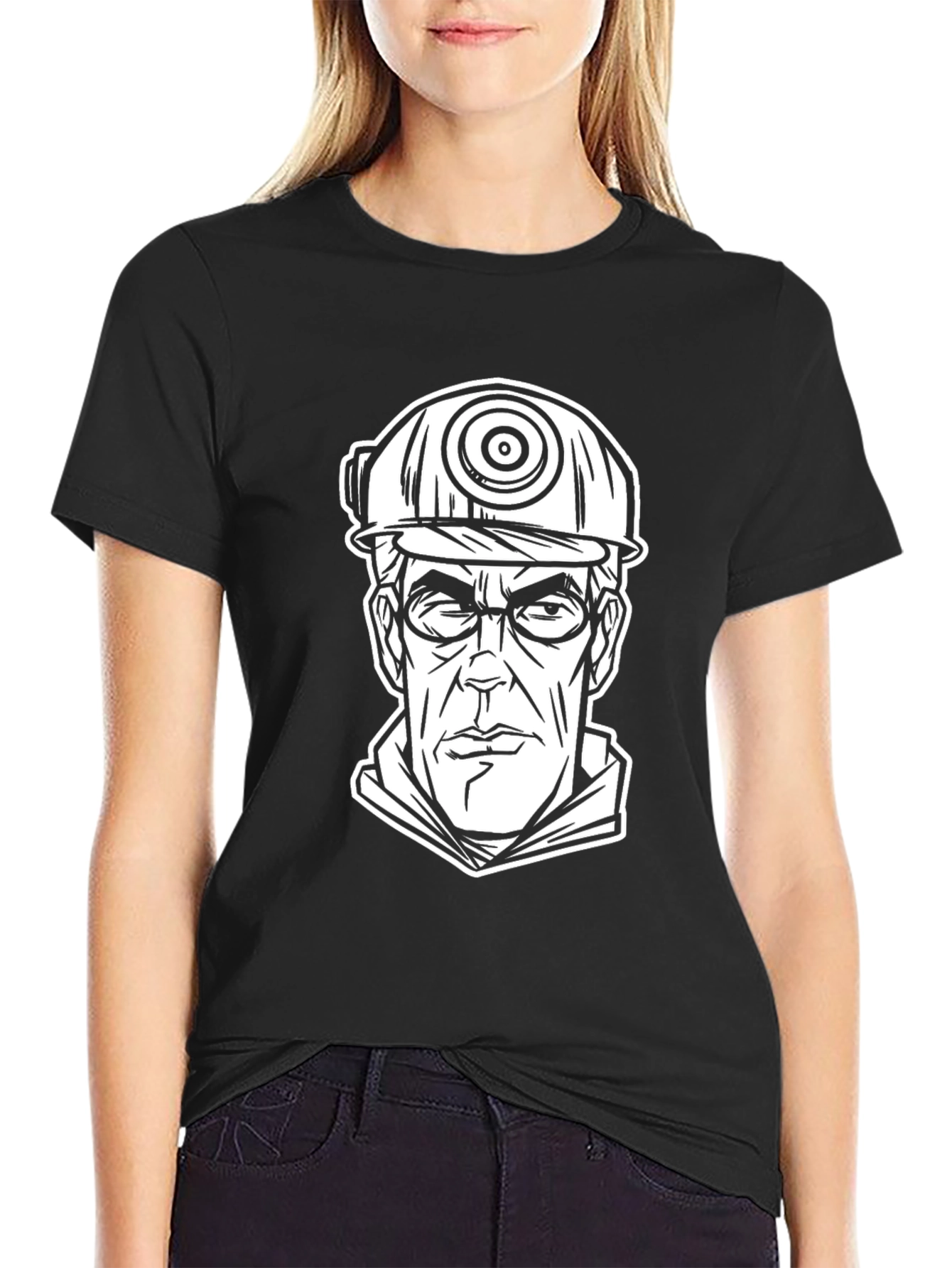 Cartoon Miner Graphic Tee - Black Cotton T-Shirt