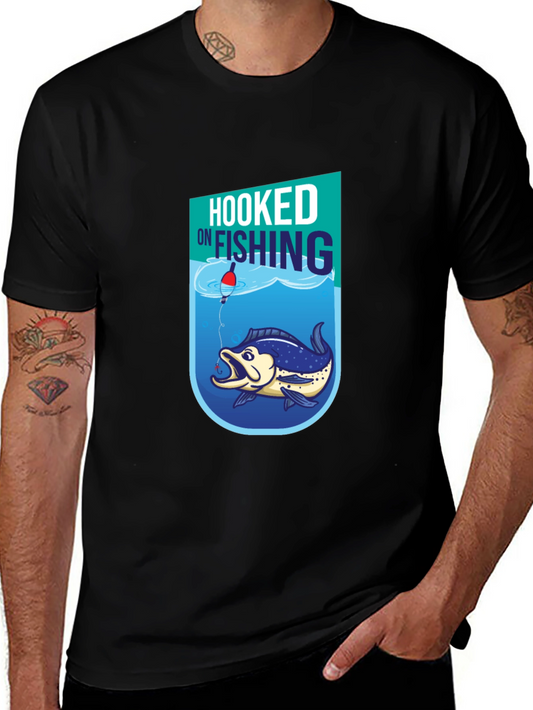 Hooked on Fishing Graphic Tee - Black Cotton T-Shirt