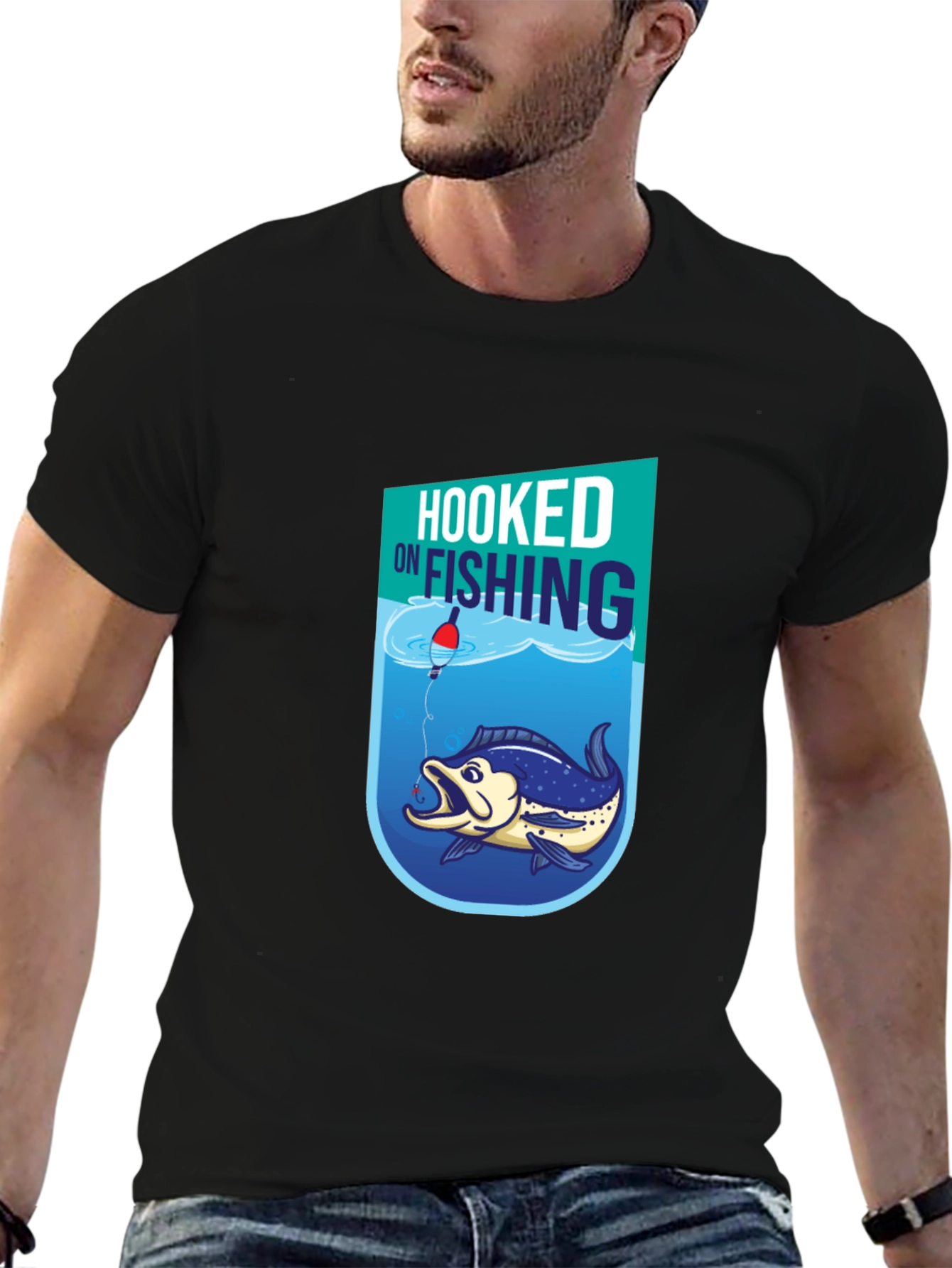 Hooked on Fishing Graphic Tee - Black Cotton T-Shirt