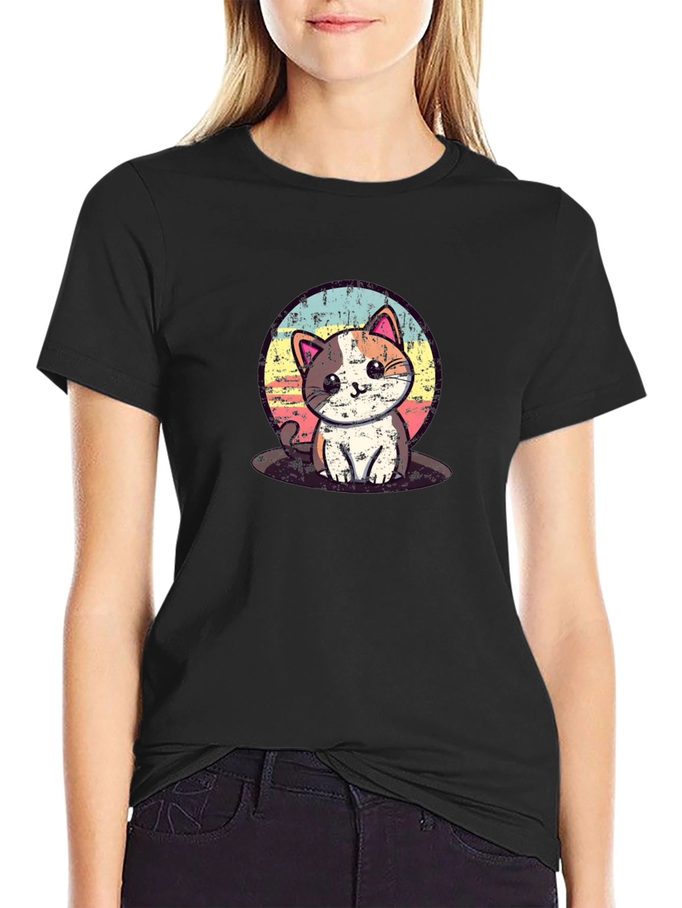 Cute Kitten Graphic Tee - Soft Black Cotton Shirt
