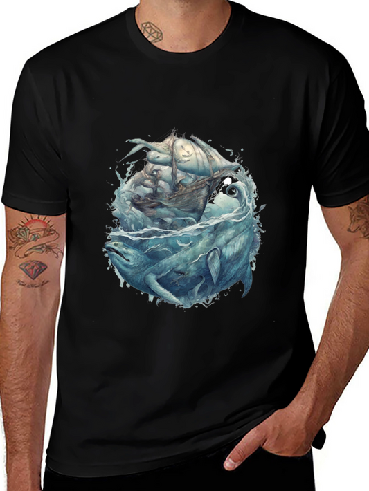Whale & Ship Graphic Tee - Mens Black T-Shirt