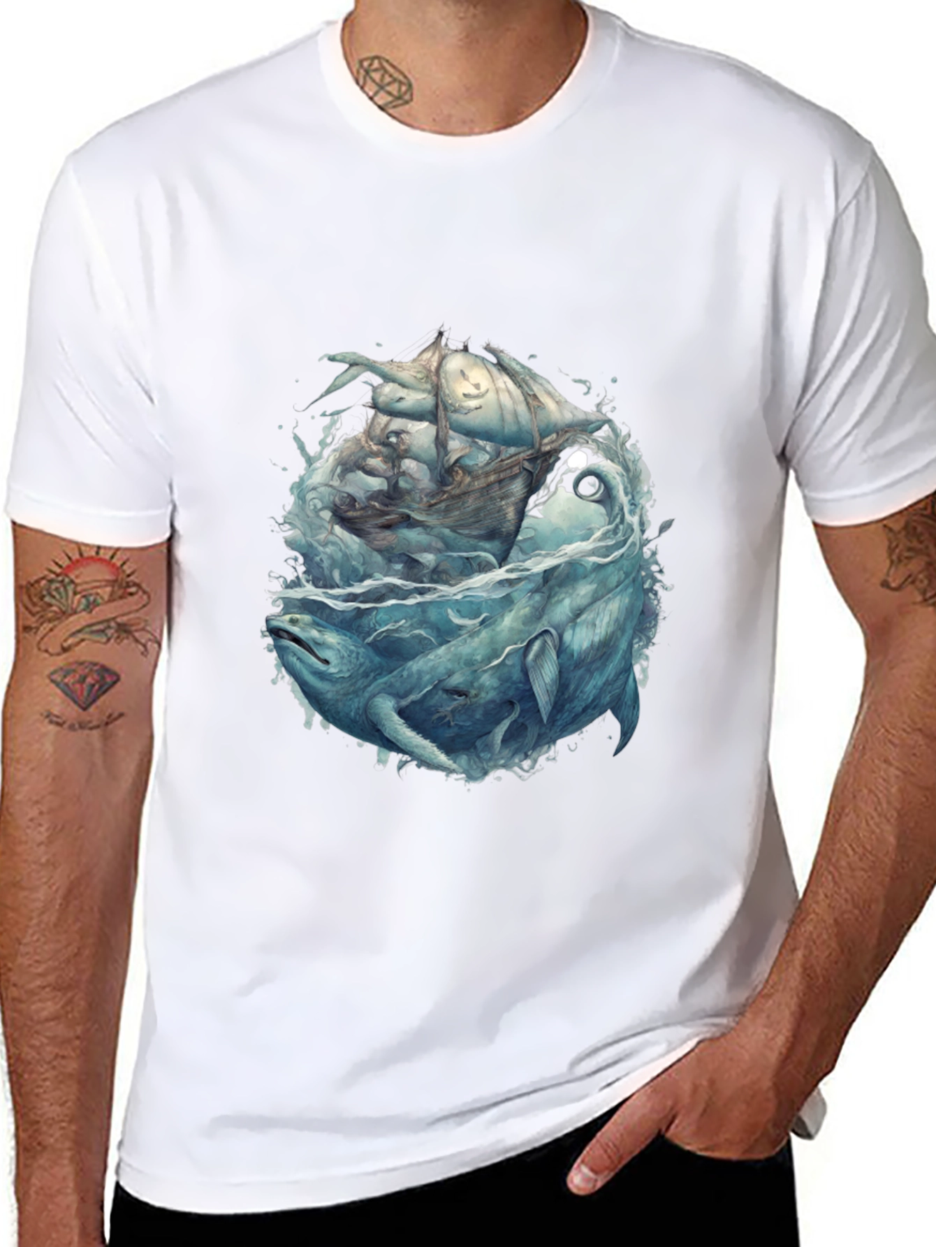 Whale & Ship Graphic Tee - Mens Black T-Shirt