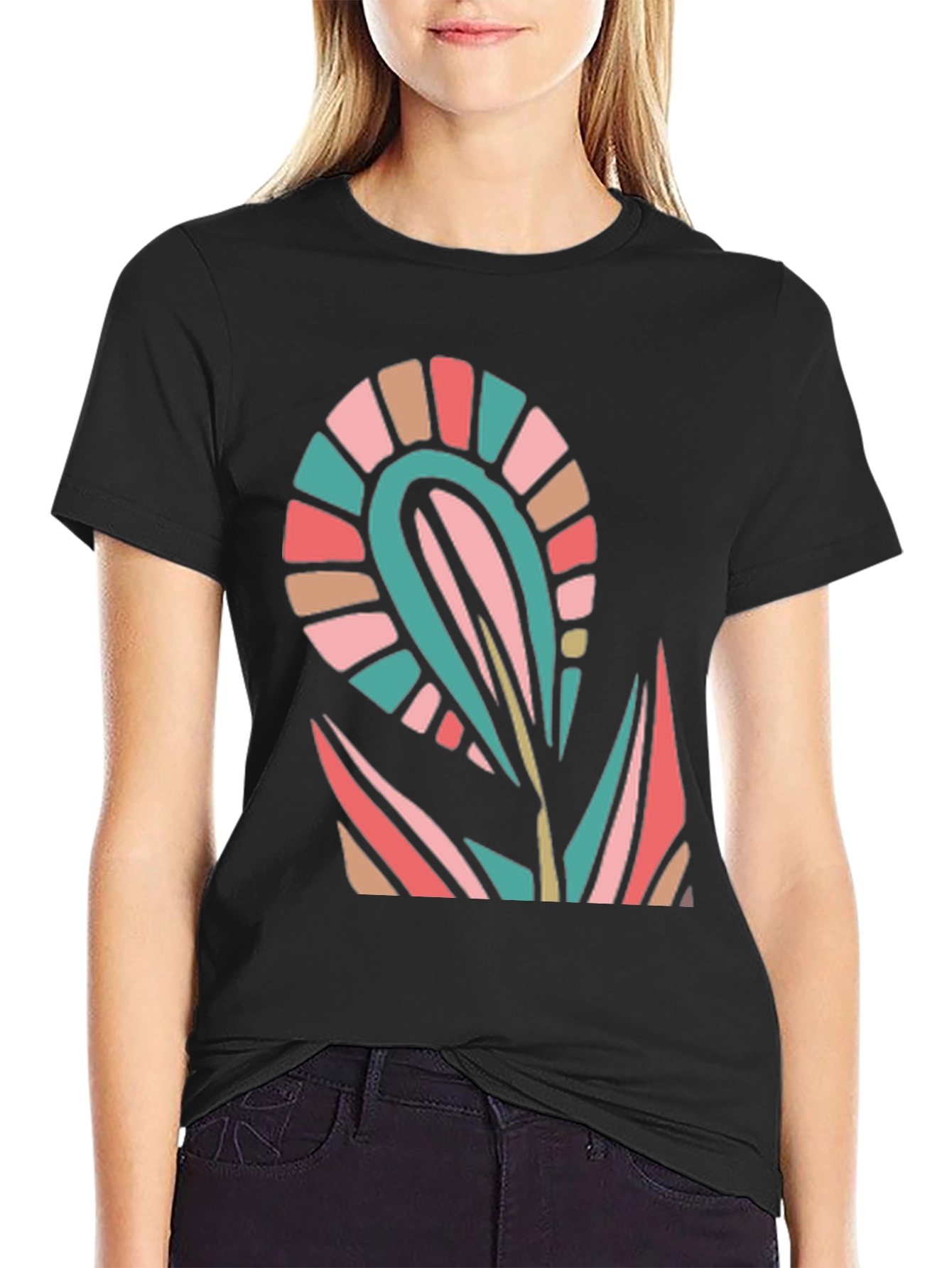 Modern Floral Graphic Black T-Shirt