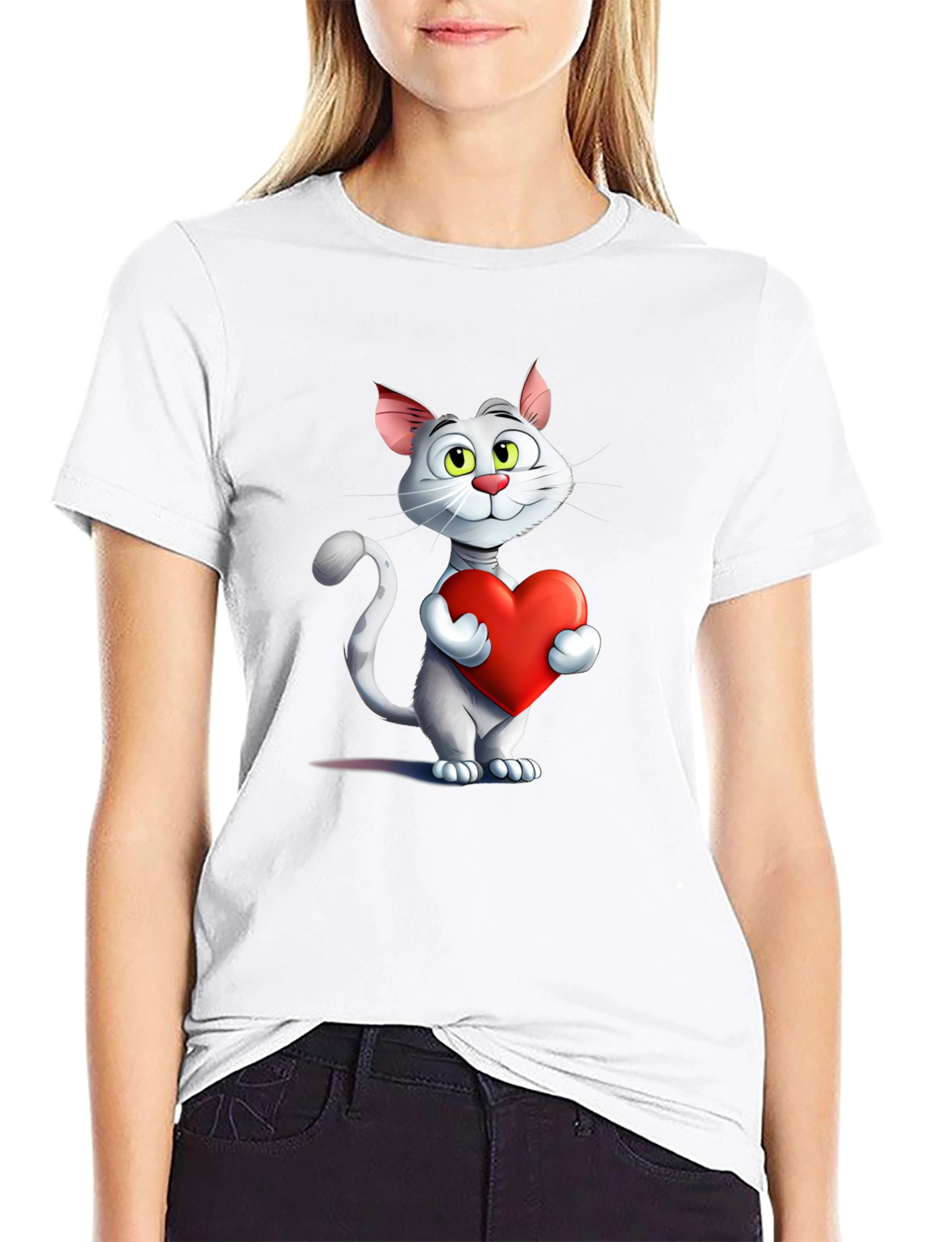 Cute Cat Holding Heart Graphic T-Shirt