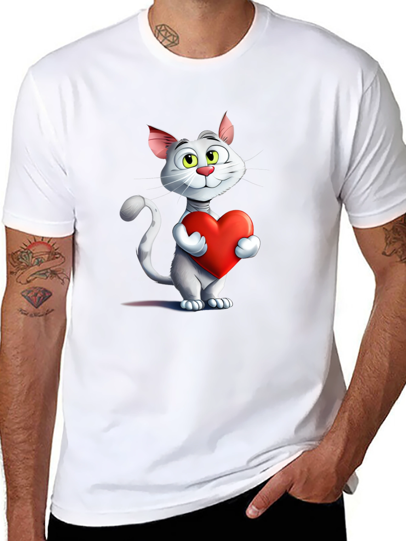 Cute Cat Holding Heart Graphic T-Shirt
