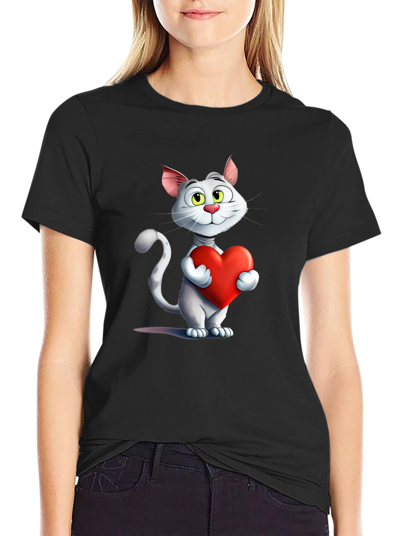 Cute Cat Holding Heart Graphic T-Shirt