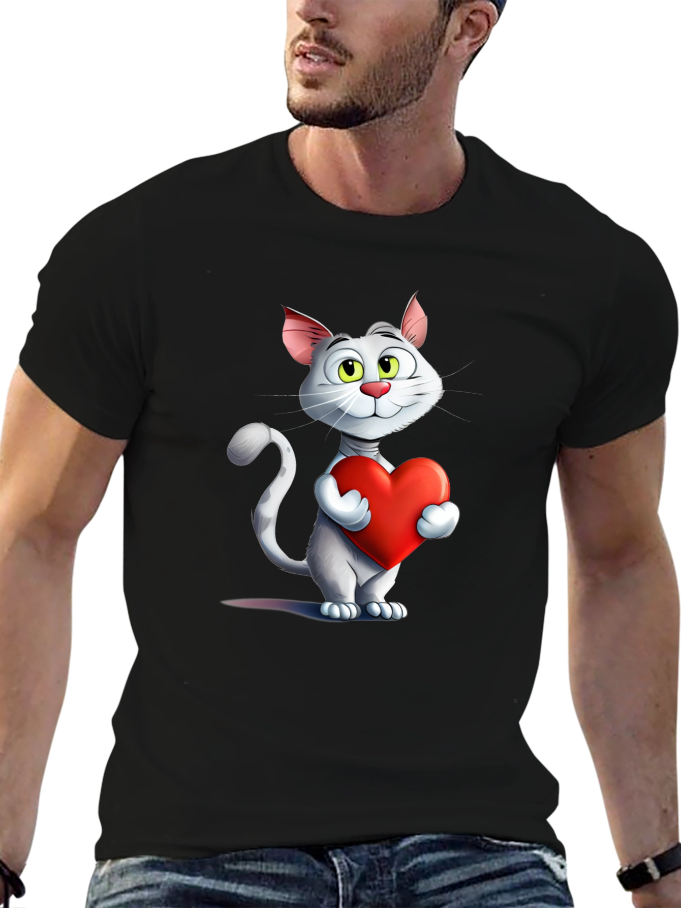 Cute Cat Holding Heart Graphic T-Shirt