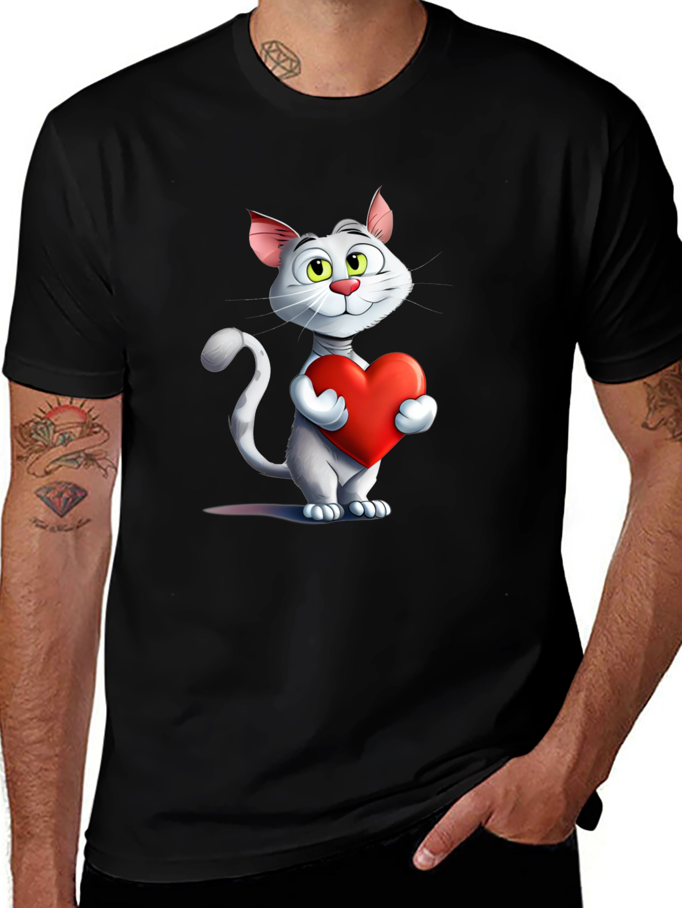 Cute Cat Holding Heart Graphic T-Shirt