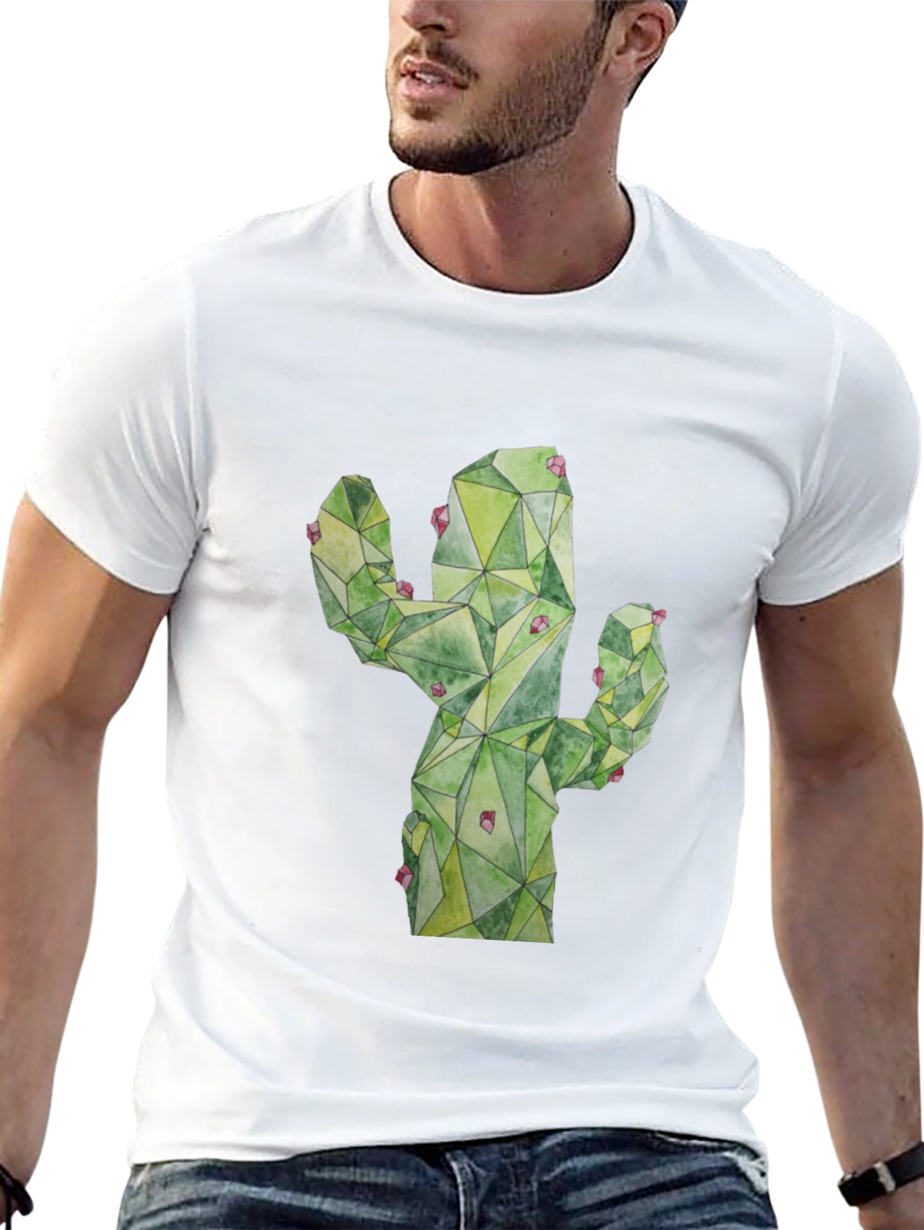 Geometric Cactus Print Black T-Shirt