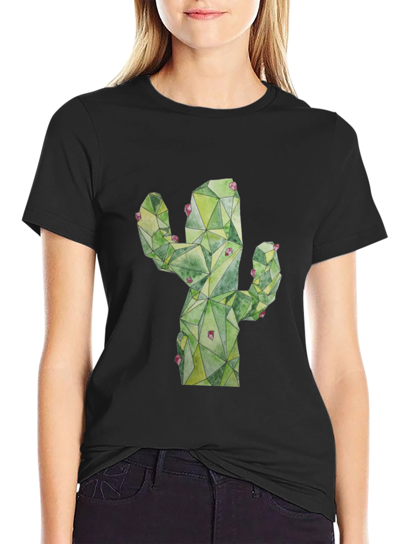 Geometric Cactus Print Black T-Shirt